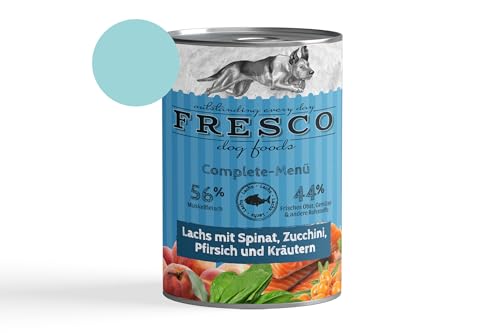 Fresco Dog Complete-Menü 6 x 400g LACHS m. Spinat, Zucchini, PFIRSICH & KRÄUTERN (haltbares B.A.R.F.) | ohne künstliche Zusätze | Getreidefrei | schonend dampfgegart von Fresco