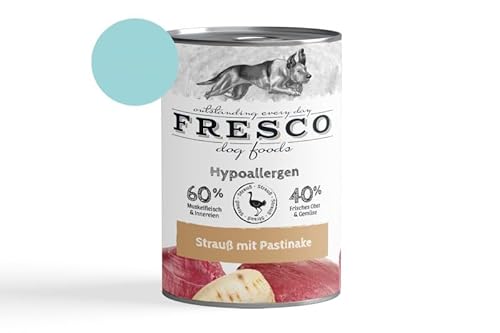 Fresco Dog Hypoallergen - Menü 6 x 400g Strauß m. Pastinake (haltbares B.A.R.F) | schonend dampfgegart | Getreidefreies Nassfutter für Hunde | Ohne künstliche Vitamine & Konservierungsstoffe von Fresco