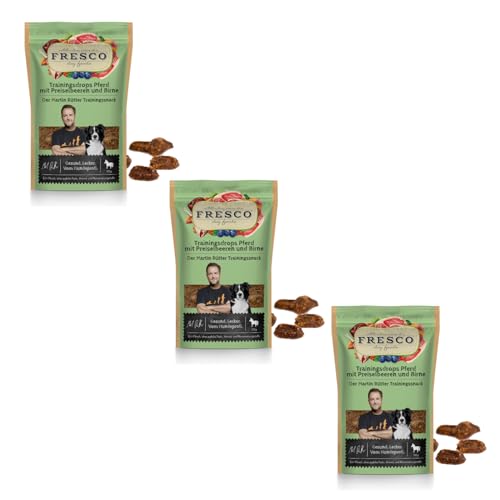 Fresco Martin Rütter Trainingsdrops Pferd mit Preiselbeeren und Birne | 3er Pack | 3 x 150 g | Natürlicher Monoproteinsnack für Hunde | Getreidefreie Rezeptur von Fresco