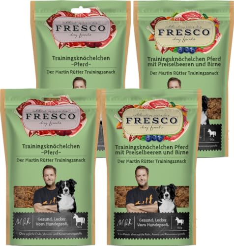 Fresco Martin Rütter Trainingsknöchelchen Probierpaket Pferd | 4 x 150 g | Natürlicher Monoproteinsnack | Leckerer Snack für Hunde von Fresco