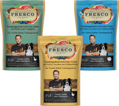 Fresco Martin Rütter Trainingsknöchelchen Probierpaket | je 1x Ente, Pute & Huhn | 3 x 150 g | Natürlicher Monoproteinsnack | Leckerer Snack für Hunde von Fresco