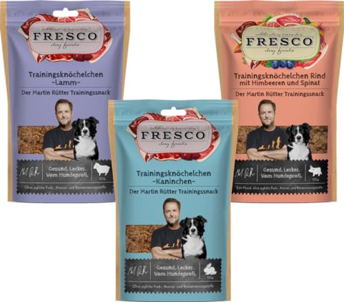 Fresco Martin Rütter Trainingsknöchelchen Probierpaket | je 1x Rind, Lamm & Kaninchen | 3 x 150 g | Natürlicher Monoproteinsnack | Leckerer Snack für Hunde von Fresco