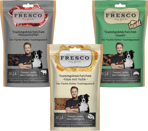 Fresco Martin Rütter Trainingsknöchelchen Probierpaket | je 1x Wasserbüffel, Huhn & Insekt | 3 x 150 g | Natürlicher Monoproteinsnack | Leckerer Snack für Hunde von Fresco