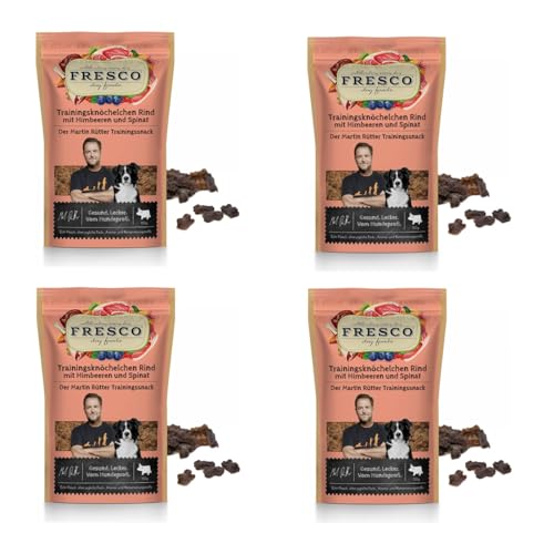 Fresco Martin Rütter Trainingsknöchelchen Rind mit Himbeeren und Spinat | 4er Pack | 4 x 150 g | Natürlicher Monoproteinsnack für Hunde | Getreidefreie Rezeptur von Fresco