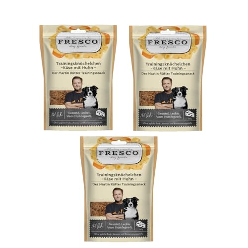 Fresco Trainingsknöchelchen Käse & Geflügel | 3er Pack | 3 x 150 g | Ergänzungsfuttermittel für Hunde | Natürlicher Proteinsnack aus Käse und Huhn | In Knöchelchen-Form von Fresco