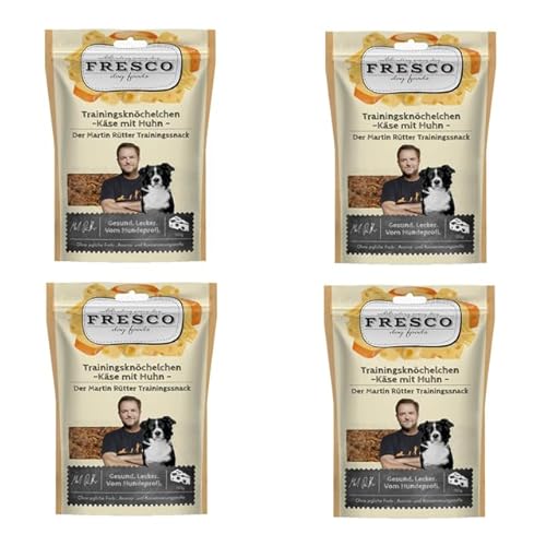 Fresco Trainingsknöchelchen Käse & Geflügel | 4er Pack | 4 x 150 g | Ergänzungsfuttermittel für Hunde | Natürlicher Proteinsnack aus Käse und Huhn | In Knöchelchen-Form von Fresco