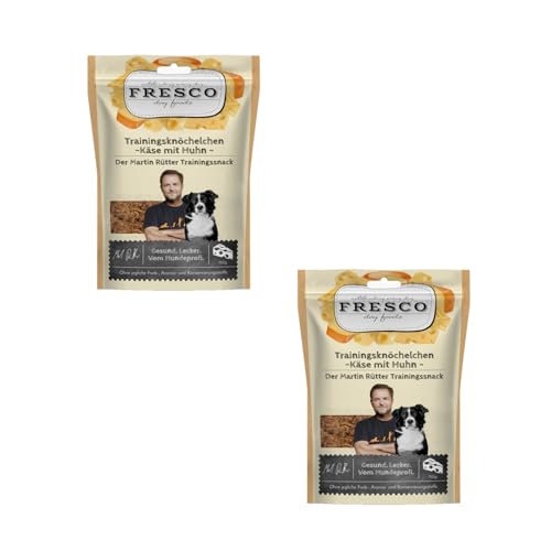 Fresco Trainingsknöchelchen Käse & Geflügel | Doppelpack | 2 x 150 g | Ergänzungsfuttermittel für Hunde | Natürlicher Proteinsnack aus Käse und Huhn | In Knöchelchen-Form von Fresco