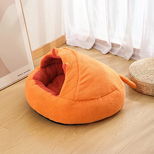 Freyamy Hundebett Rund Halb Geschlossener mit Kapuze Hundebetten Katzenbett 50 * 50 * 18CM Kleine Hunde und Katzen Plüsch Hundekorb Kunstkaschmir Abnehmbarem Waschbar Hundebett Haustierbet Orange von Freyamy