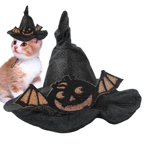 Frfik Halloween Hund Hexenhut, Katzenkostüm Hexenhut, Fledermaus Design Kätzchen Hexenhut, Verstellbare Größe, kein Haarausfall, gruseliger Kürbishut für Festivalaktivitäten von Frfik