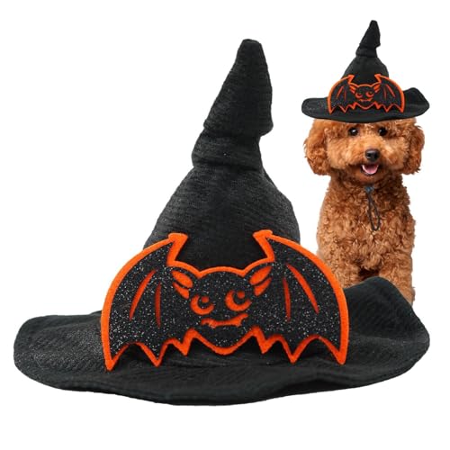 Frfik Halloween Hund Hexenhut, Katzenkostüm Hexenhut | Fledermaus Design Katze Gruselige Kürbismütze,Kein Haarausfall, Festliche Atmosphäre, Verstellbarer, gruseliger Kürbishut von Frfik