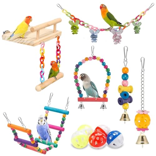 FrgKbTm Vogel-Sittich-Spielzeug, Holzständer, Schaukel, Hängendes Kauspielzeug, Papageien, Kletterleiter, buntes Vogelkäfig-Spielzeug für Sittiche, Sittiche, Nymphensittiche, Liebesvögel, Finken, 11 von FrgKbTm