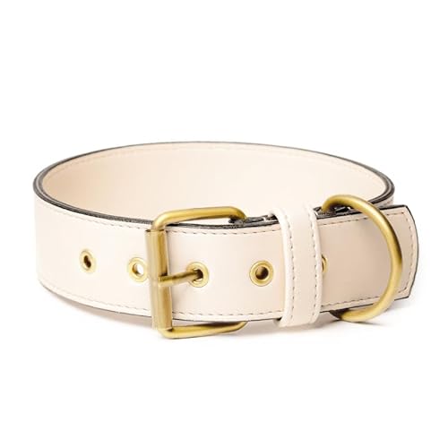 Friedagreen Veganes Leder Halsband Exclusiv Leicht Robust Wasserfest (Beige, goldene Beschläge, XL 4cm breit ca. 45-65cm) von Friedagreen