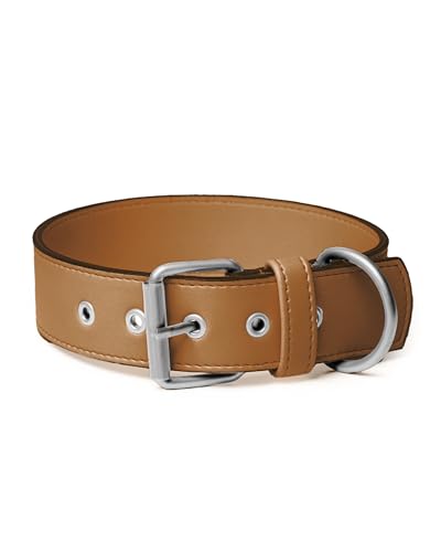 Friedagreen Veganes Leder Halsband Exclusiv Leicht Robust Wasserfest (Braun, Silberne Beschläge, L 3cm breit ca. 39-51cm) von Friedagreen