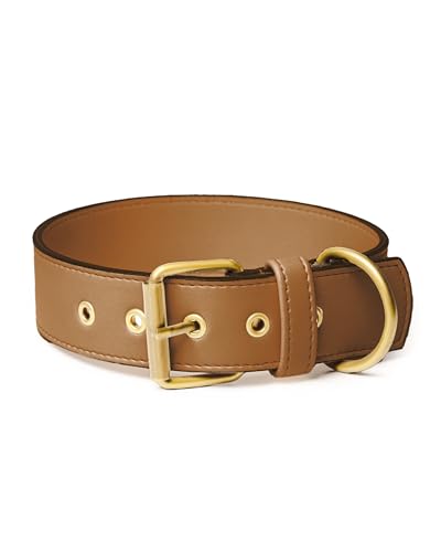 Friedagreen Veganes Leder Halsband Exclusiv Leicht Robust Wasserfest (Braun, goldene Beschläge, L 3cm breit ca. 39-51cm) von Friedagreen