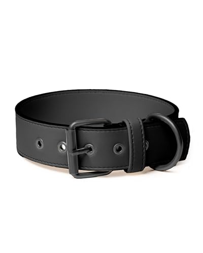 Friedagreen Veganes Leder Halsband Exclusiv Leicht Robust Wasserfest (Schwarz, Schwarze Beschläge, L 3cm breit ca. 39-51cm) von Friedagreen