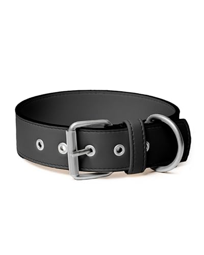 Friedagreen Veganes Leder Halsband Exclusiv Leicht Robust Wasserfest (Schwarz, Silberne Beschläge, L 3cm breit ca. 39-51cm) von Friedagreen