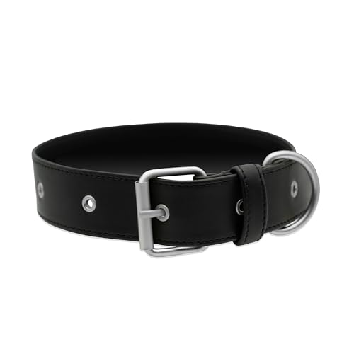 Friedagreen Veganes Leder Halsband Exclusiv Leicht Robust Wasserfest (Schwarz, Silberne Beschläge, XL 4cm breit ca. 45-65cm) von Friedagreen