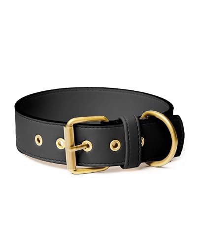 Friedagreen Veganes Leder Halsband Exclusiv Leicht Robust Wasserfest (Schwarz, goldene Beschläge, L 3cm breit ca. 39-51cm) von Friedagreen