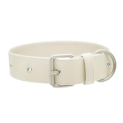 Friedagreen Veganes Leder Halsband Exclusiv Leicht Robust Wasserfest (Weiß, Silberne Beschläge, XL 4cm breit ca. 45-65cm) von Friedagreen