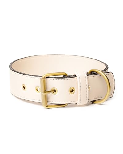 Friedagreen Veganes Leder Halsband Exclusiv Leicht Robust Wasserfest (Weiß, goldene Beschläge, L 3cm breit ca. 39-51cm) von Friedagreen