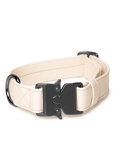 FriedaGreen – Fellschonendes Ultraleichtes Hunde-Halsband mit Sicherheitsverschluss, Wasserfest, aus Veganem Apfelleder, 3 cm Breit, für Mittelgroße & Große Hunde – Beige mit Schwarzer Schnalle von Friedagreen