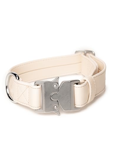 FriedaGreen – Fellschonendes Ultraleichtes Hundehalsband mit Sicherheitsverschluss, Wasserfest, aus Veganem Apfelleder, 3 cm Breit, für Mittelgroße & Große Hunde – Beige mit Silberner Schnalle von Friedagreen