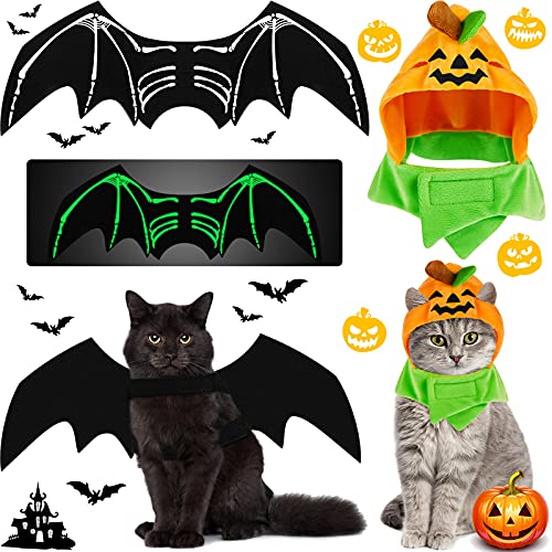 2 Stück Halloween Haustier Kostüme Halloween Katze Fledermaus Kostüm mit Nacht Fluoreszenz und Halloween Haustier Kürbis Hut für Haustier Katze und kleine Hunde Halloween Party Cosplay Party von Frienda