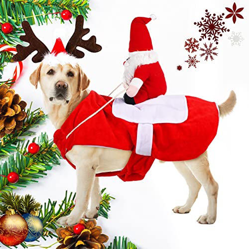 2 Stück Haustier Hund Weihnachten Kostüm Hund Weihnachtsmann Reitkostüm und Hund Rentier Geweih Stirnband Haustier Elch Kopfbedeckung Zubehör Lustiges Haustier Weihnachtsmann Kostüm für Weihnachten Halloween Verkleiden (X-Large) von Frienda