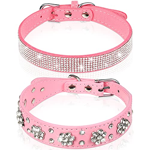 2 Stück PU Leder Hundehalsband Rosa Strass Haustier Halsband Blumenmuster Nieten Hundehalsband Verstellbar Bling Welpen Halsband PU Leder Kristall Haustier Halsbänder für Hunde (XS: 21,6 - 27,6 cm) von Frienda