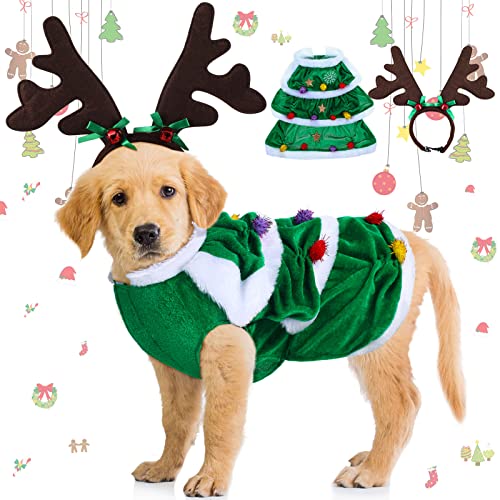 2 Stück Weihnachten Hund Kostüm Outfit Rentier Hund Kostüm mit grünem Weihnachtsbaum Kleidung und Elch Rentier Geweih Stirnband, warmer Winter Welpe Mantel Hirsch Kopfbedeckung für Weihnachten von Frienda