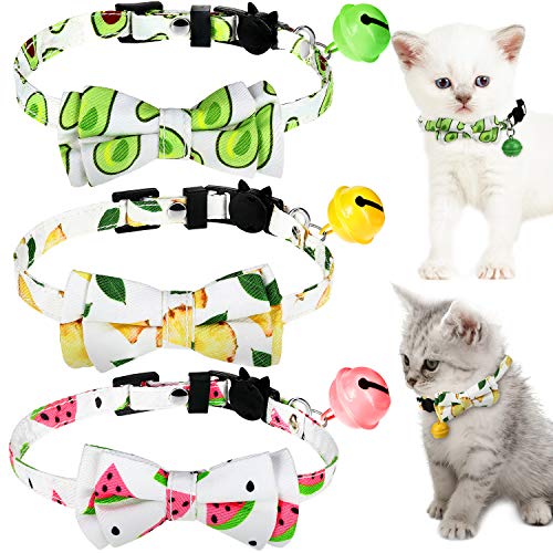 3 Stück Katzen Halsband mit Wegbrechen Clip and Glocke Einstellbare Fliege Katzen Halsband mit Wassermelone Avocado Ananas Drucke für Kätzchen und Welpen von Frienda