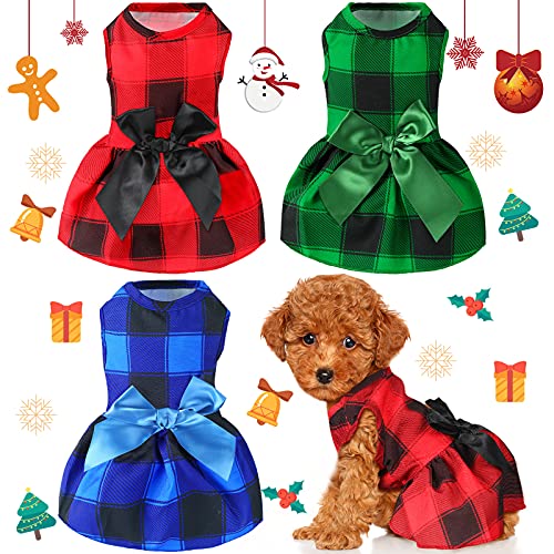 3 Stücke Weihnachten Buffalo Plaid Welpen Kleid mit Bowknot Plaid Hund Prinzessin Kleid Karo Muster Hunderock Urlaub Haustier Kleider Welpen Kostüm Kleidung für Kleine Hunde (S) von Frienda