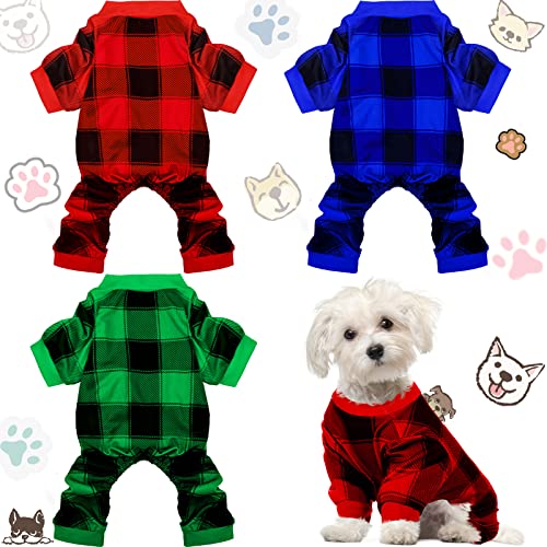 3-teiliges Weihnachts-Hunde-Pyjama, Haustierkleidung, Kostüm, Weihnachtsbekleidung, Jumpsuit für Welpen, Weihnachtspyjamas für Haustier-Urlaubsdekorationen (Karomuster, M) von Frienda