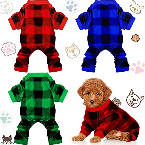 3-teiliges Weihnachts-Hunde-Pyjama, Hundekleider, Haustierkleidung, Kostüm, Weihnachtsbekleidung, Jumpsuit für Welpen, Weihnachtspyjamas für Haustier-Urlaubsdekorationen (Karomuster, S) von Frienda