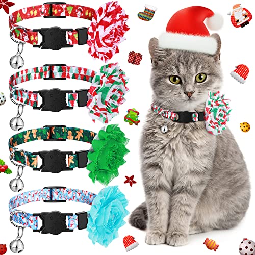 4 Stück Katzenhalsband Weihnachten Verstellbar Breakaway Katzenhalsband mit Glocke und Abnehmbare Blume Haustier Katze Zubehör für Weihnachten Party Weihnachtsbaum Santa Claus Schneemann Lebkuchenmann Muster von Frienda