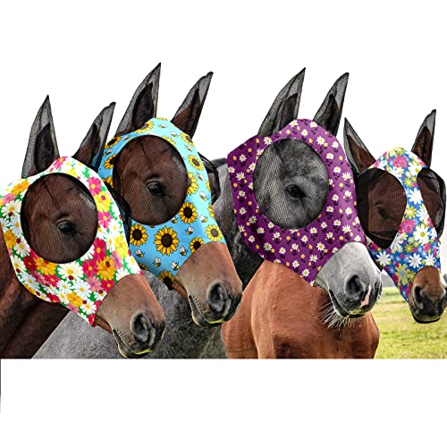 Frienda Fliegenmasken für Pferde, Fliegenmaske mit Ohren, Gesichtsbedeckung, elastisch, glatt und bequem, Pferdemaske mit UV-Schutz, Größe M, Blume, 4 Stück von Frienda