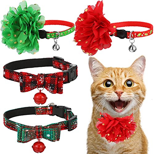 4 Stück Weihnachten Katzenhalsband Breakaway Verstellbar Sicherheit Kitty Halsband mit niedlicher Fliege und Glocke Schneeflocke Plaid Katzenhalsband mit grünrotem KätzchenZubehör Haustier Halsband von Frienda