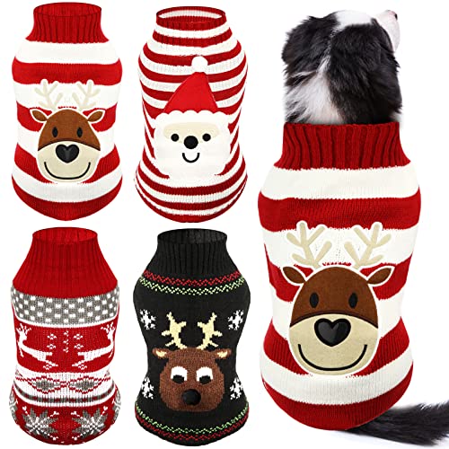 4 Stück Weihnachtspullover für Hunde, Welpen, Schnee, Elch, Rentier, Weihnachtsmann, Pullover, Winter-Strickwaren, warme Kleidung, Cosplay-Kleid für kleine bis mittelgroße Hunde, Katzen (mittel) von Frienda