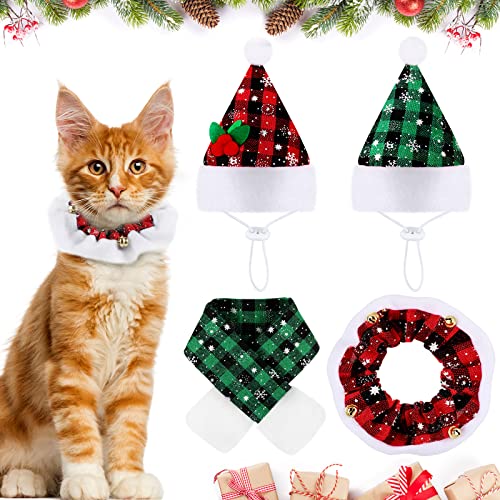 4-teiliges Weihnachtskatzen-Kostüm-Set, Katzen-Weihnachtsmann-Mützen mit Schal und Halsband, Xmas Cat Outfit für Katzen, kleine Hunde, Welpen, kleine Haustiere, grün, kariert) von Frienda