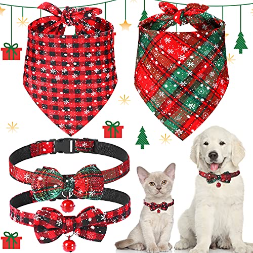 4teiliges WeihnachtsHundehalstücher und HalsbandSet Weihnachten klassisch kariert Hund Krawatte Dreieck Lätzchen Schal Halstuch Verstellbare PET Fliege mit Sicherheitsglocke PETKostüm für Katze von Frienda