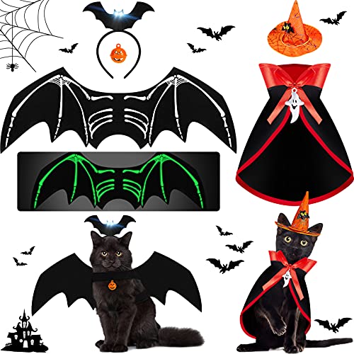 6 Stück Halloween Haustier Kostüme Halloween Katze Fledermaus Kostüm mit Nacht Fluoreszenz Katze Vampir Umhang Haustier Zauberer Hut Hund Fledermaus Stirnband Kürbis Geist Anhänger für Hunde Katzen von Frienda