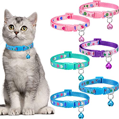 6 Stück Katzenhalsband mit Glöckchen Verstellbar Kätzchenhalsband Herzmuster Katzenhalsband Lollipop Katzenhalsband Valentinstag Katzenhalsbänder für Kitty (Rosa, Blau, Lila, Grün) von Frienda