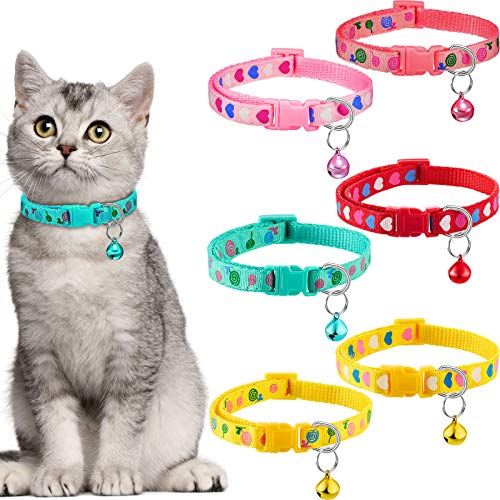 6 Stück Katzenhalsband mit Glöckchen Verstellbar Kätzchenhalsband Herzmuster Katzenhalsband Lollipop Katzenhalsband für Kitty (Rosa, Grün, Rot, Hellrot, Gelb) von Frienda