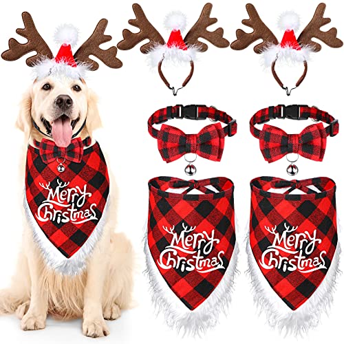 6 Stück Weihnachten Hund Bandana Fliege mit Rentier Stirnband Kostüm Xmas Buffalo Plaid Haustier Dreieckstuch Lätzchen Verstellbar Bowtie Kragen für Hunde Katzen Haustiere Weihnachtsdekoration (Chic von Frienda