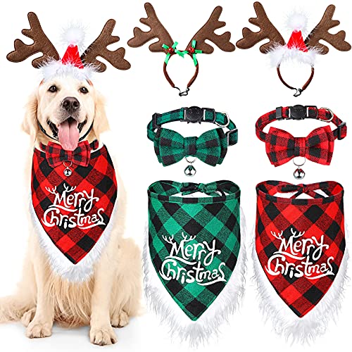 6 Stück Weihnachten Hund Bandana Fliege mit Rentier Stirnband Kostüm Xmas Buffalo Plaid Haustier Dreieckstuch Lätzchen Verstellbar Fliege Halsband für Hunde Katzen Haustiere Weihnachtsdekoration (Rot von Frienda