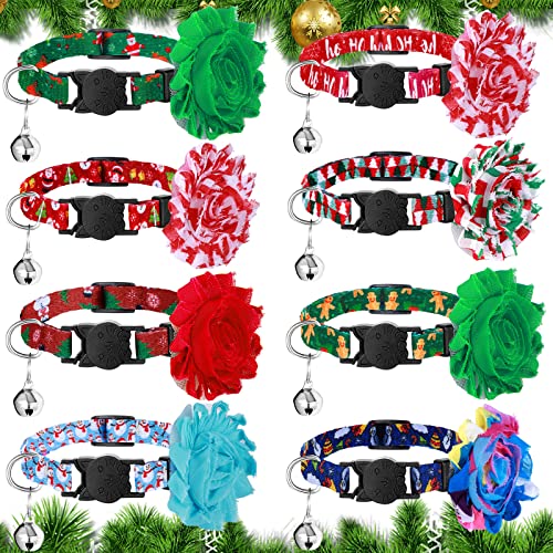 8 Stück Weihnachten Katzenhalsbänder Breakaway Katzenhalsband mit Glöckchen und abnehmbarer Blume verstellbar Weihnachten Welpen Schnalle Halsband Xmas Haustier Halsband Zubehör Weihnachtsbaum Schneemann Muster usw. von Frienda