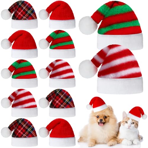 Frienda 12 Stück Hund Weihnachtsmann Hut PET Weihnachtsmütze Weiche Plüsch Katze Hut Haustier Kostüme für Kleine Hund Katze Welpen Weihnachtsbedarf (Gemischtes Muster) von Frienda