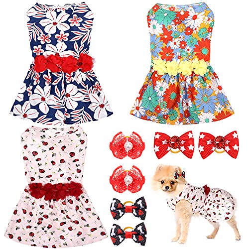 Frienda 3 Stück Hundekleid Niedliche Haustierkleidung und 6 Stück Hundehaarschleife Floral Hundekleider Haustierbekleidung für Welpen Hunde und Katzen auf Hochzeit Urlaub Neujahr Frühling Sommer von Frienda