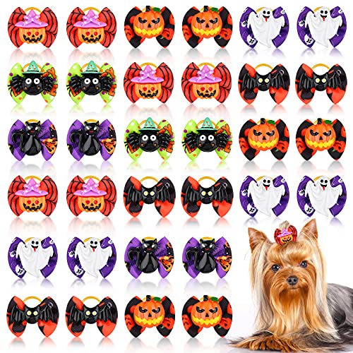 Frienda 32 Stück Halloween Hundehaarschleifen Halloween Hund Topknot Schleifen mit Gummibändern Kürbis Geist Fledermaus Haustier Haarschleifen Welpe Grooming Bows Halloween Hund Haar Zubehör für von Frienda