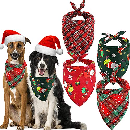 Frienda 4 Stück Weihnachten Hund Bandanas Haustier Dreieck Schal Plaid Weihnachtsmann Muster Haustier Halstuch Schneeflocke Zubehör Lätzchen für Hund Katze Haustier von Frienda